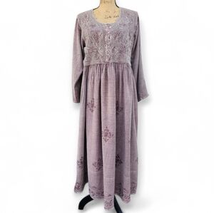 Sacred Thread Dusty Lavender Embroidered Boho Midi Peasant Cottagecore Dress